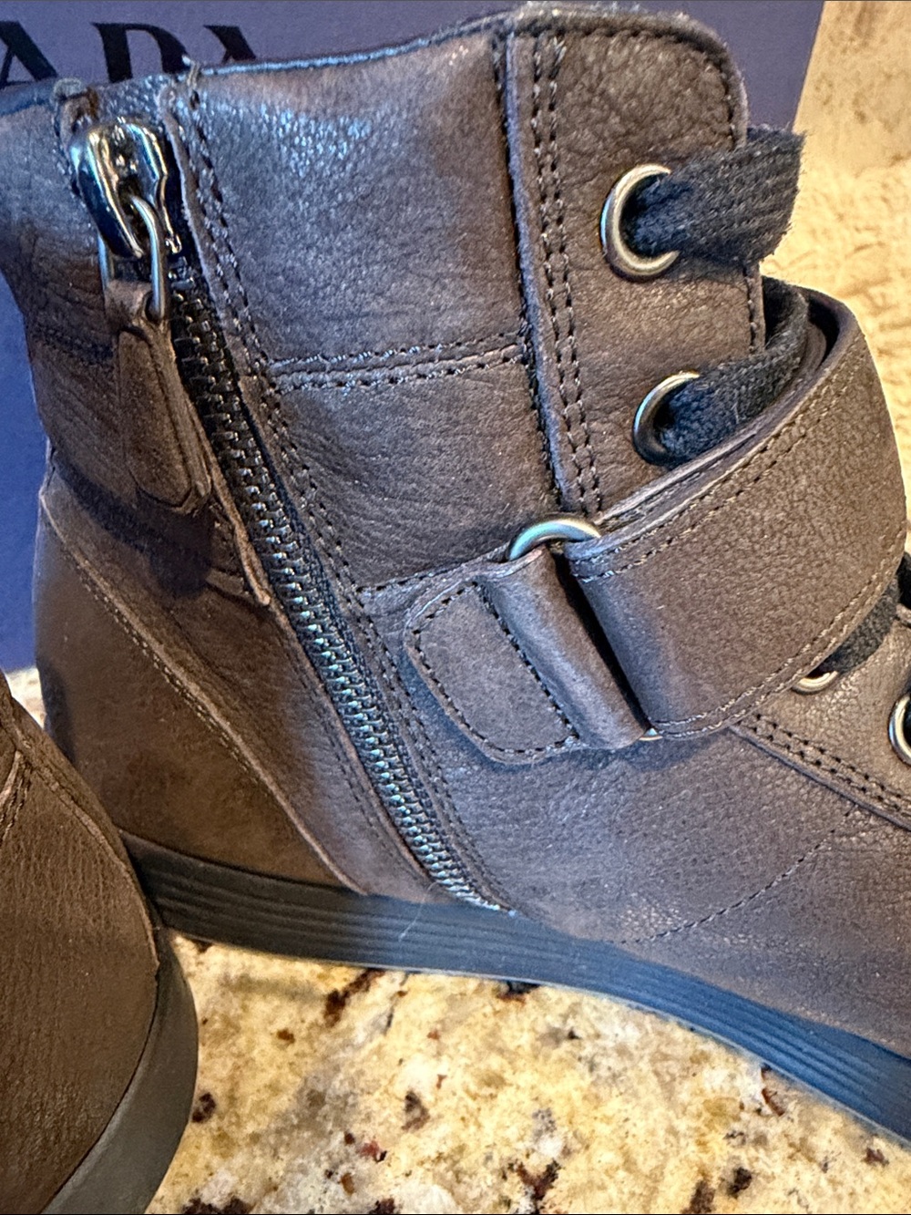 Prada Brown Leather High-Top Sneakers with Strap - Picture 3 of 5